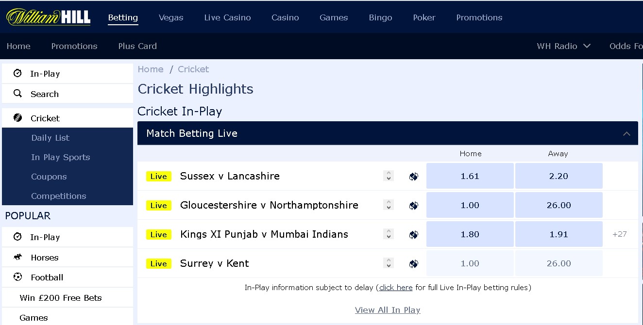 William Hill cricket betting